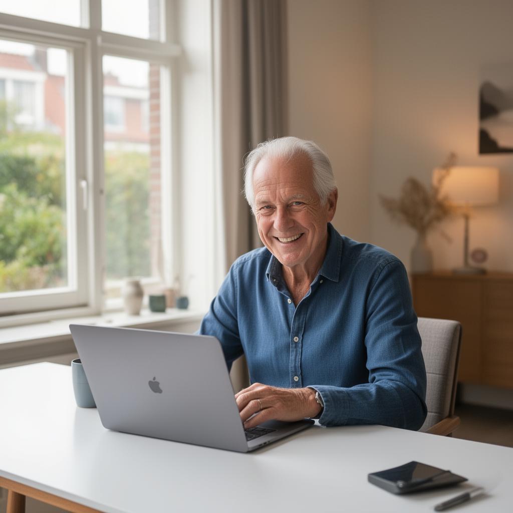 Senior professional werkt thuis achter laptop